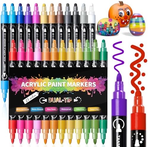 TANMIT 24 Colors Acrylic Paint Markers, Dual Tip Acrylic Paint Pens with Dot & Fine Tips For Fabric, Rock, Wood, Glass, Eggs, Scrapbook, DIY Crafts Making Art Supplies - Teacher Appreciation Gift