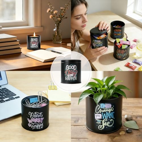 12 Pack Inspirational Black Candle Tins with Lids, 10 oz Empty Metal Tin Jars for Candle Making, Decorative Containers for DIY Crafts, Gifts & Small Business
