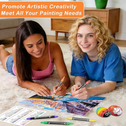 TANMIT 48 Colors Acrylic Paint Markers, Dual Tip Acrylic Paint Pens with Dot & Fine Tips For Fabric, Rock, Wood, Glass, Eggs, Scrapbook, DIY Crafts Making Art Supplies - Teacher Appreciation Gift