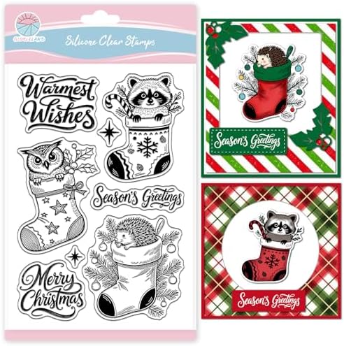 GLOBLELAND Christmas Stocking Animals Clear Stamps for Card Making Owl Raccoon Hedgehog Silicone Clear Stamps Greetings Transparent Stamp Seal for DIY Scrapbooking