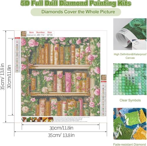 GEWOUVIN Vintage Flower Bookshelf Diamond Art Kits for Adults,Diamond Painting Kits for Adults Beginners, DIY Full 5D Round Drill Gem Art Kits for Gift Home Wall Decor【13.8x13.8inch】