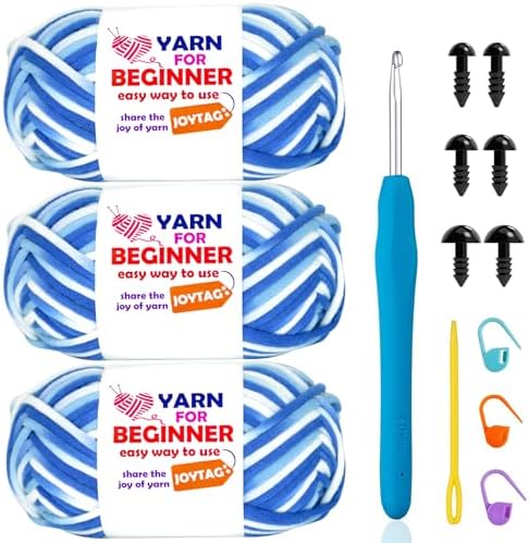 3 Pack Rainbow Beginner Crochet Yarn for Crocheting and Knitting Multicolor Cotton Crochet Yarn for Beginners with Easy-to-See Stitches Cotton-Nylon Blend Easy Yarn for Beginners(Blue Tone)