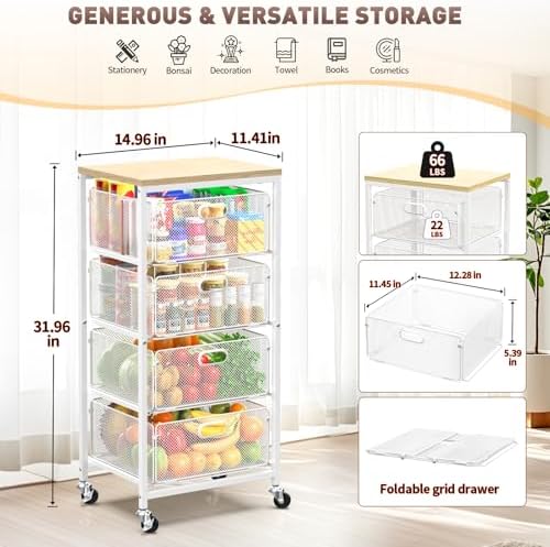 SUNALLY Kitchen Storage Cart with Drawers,Metal Snack Cart Organizer,White