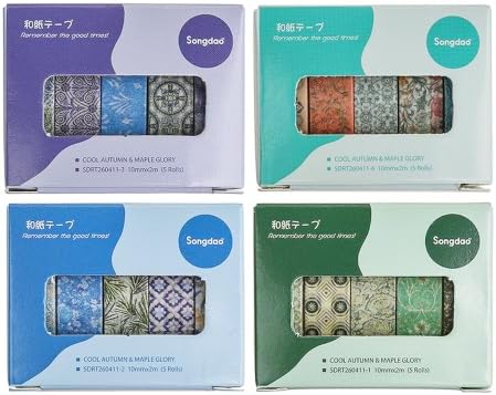 Autumn Botanical Washi Tape Set - 20 Rolls Fall Leaves Adhesive Tapes Arabesques Arts Decorative Masking Tape Sets for Craft, Kids, Scrapbook, DIY, Gift Wrapping (Green Autumn)