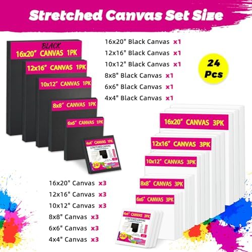 Stretched Canvas for Painting, 24Pack Canvas Value Pack for Painting, Triple Primed 5/8" Profile Cotton Professional Artist Quality Blank Canvas,Ready to Paint, Art Supplies for Acrylic, Oil