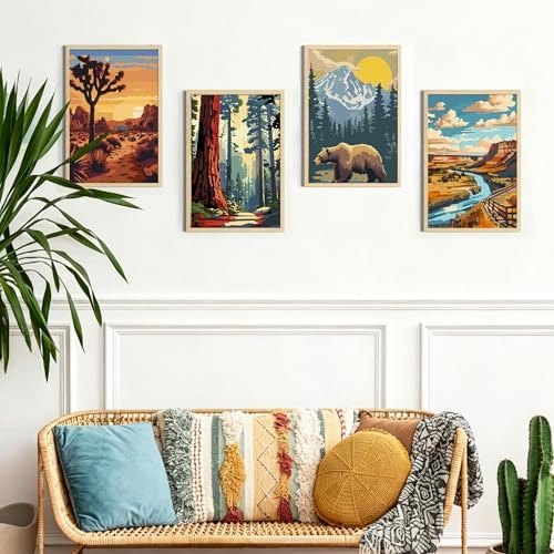 4 Pack Framed Paint by Numbers Kit for Adults Beginner with Wooden Easel, National Park Easy Adult Paint by Number Kits with Frame, DIY Number Painting for Adults Canvas for Home Decor Gift 8x12 Inch