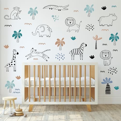 AOWDIAO Safari Wildlife Animal Wall Decals Line Art Peel & Stick Decor for Kids’ Room & Nursery
