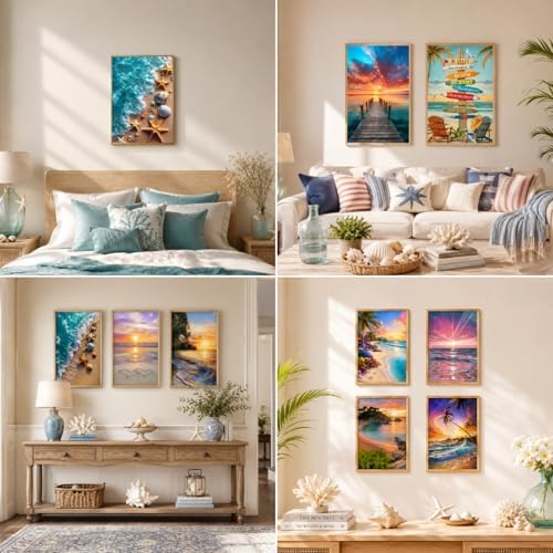 Acelii 12 Pack Summer Beach 5D Diamond Painting Kits, Full Drill Ocean Theme 5D Diamond Art Kits for Adults, Colorful Coastal gem Art Kits, Art Painting Set for Beach Home Wall Decor 9.8x13.8 Inch