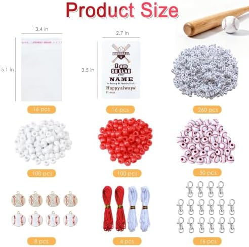 Tuhangcc 500 Pcs Baseball DIY Keychain Making Kit, Adjustable Letter Alphabet Beads Strings,8 Charm 16 Cards with Lobster Clasps & Strings for Sport Theme Party Favor Gift (Baseball)