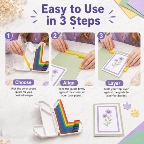 7-Piece Paper Crafting Alignment Guide Set - Precision Layering & Matting Spacers for Card Making & Scrapbooking, Color-Coded with Size Tabs (1/16"–1/2"), Includes Storage Case