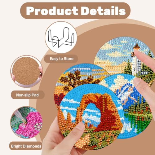 CRZMODE 8 Pcs National Park Diamond Art Coasters Kits, Diamond Painting Coasters with Holder Set of 8, DIY National Park Art Crafts Supplies for Adults Cup Mat House Warming Gifts Non-Slip