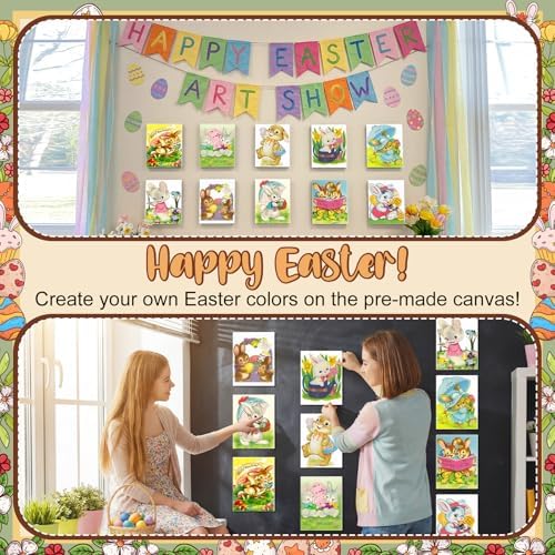 Blosssound 10 Set Easter Vintage Pre Printed Canvas Bunny Eggs Pre Drawn Canvas Painting with Easel Kits 5" x 7" Outline Painting Panels for Beginners, DIY Craft Project, Party Favor, Home Decors