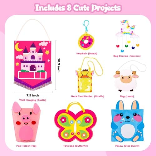 MGparty My First Sewing Kit for Kids - 8 Easy DIY Sewing Crafts with Bunny Pillow & Unicorn Wind Chime, Beginner Learn-to-Sew Craft Set for Girls & Boys Ages 5+, Screen-Free Educational Gift