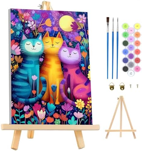 MAXBYE Framed Paint by Numbers Kits for Adults, Colorful Cat Paint by Numbers Kit for Adults with Wooden Easel, Easy DIY Oil Painitings Kits with Tools for Beginners Gift Home Wall Decor 10×14 Inch