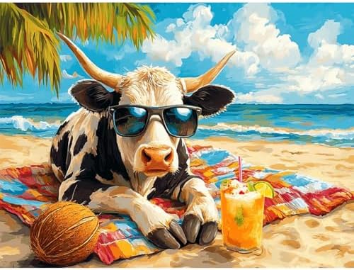 Diamond Art Kits for Adults, Beach Cow Diamond Painting Kit, 12 x 16 Inch