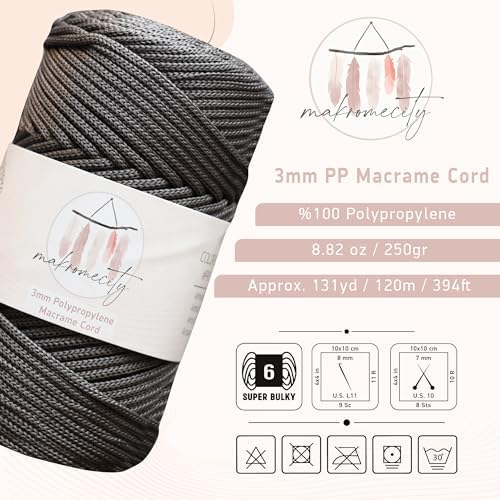 Makromecity, Premium Polyester Macrame Cord 3mm x 131 Yards (394 feet) 3mm Polypropylene Anthracite Macrame Cord Crochet Macrame Bag Cord Crafts for Wall Hangings, Bags, Underplate, Rug