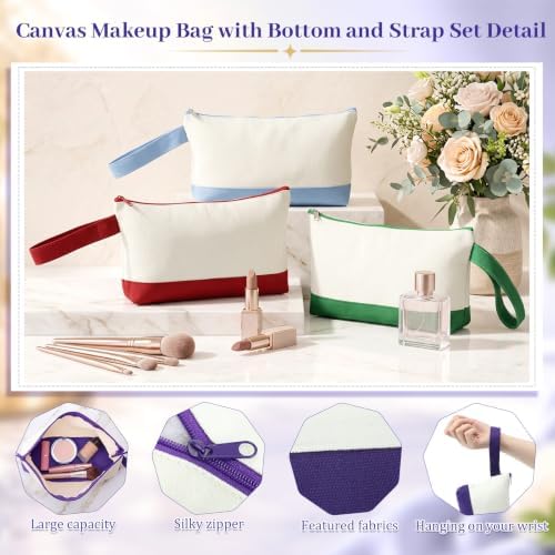 Silkfly 48 Pcs Cotton Canvas Makeup Bags Cosmetic Zipper Bags 10.2 x 5.5 x 2'' Blank DIY Pouch Bulk Pencil Case with Bottom Travel Toiletry Pouch for Women Craft Decor Gift (Beige and Multi Colors)