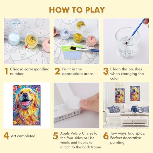Bowetile Framed Paint by Numbers Dog for Adults Beginners, Adults' Paint-by-Number Dog Kits, Easy Adult Paint by Number Kits on Canvas, Acrylic Animals Number Painting for Home Decor, 8x12in