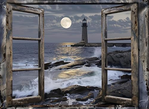 EIBEILI Diamond Art Kits for Adults, Lighthouse Diamond Painting Kits for Adults Beginners, DIY Diamond Dots Bookstore 5D Full Round Drill Gem Art Painting Kits for Home Wall Decor 12x16 inch