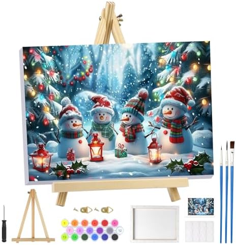 MOGTAA Christmas Paint by Numbers Kit for Adults Beginners with Frame, Snowman Adult Paint by Number Kits on Canvas with Easel, Easy DIY Xmas Winter Oil Painting Kits for Home Decor, 8x12in