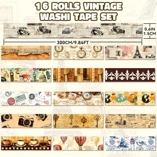 Vintage Washi Tape Set, 16 Rolls, Multicolored, 3m x 15mm, Travel Themed Designs, Ideal for Scrapbooking, Journaling, Gift Wrapping