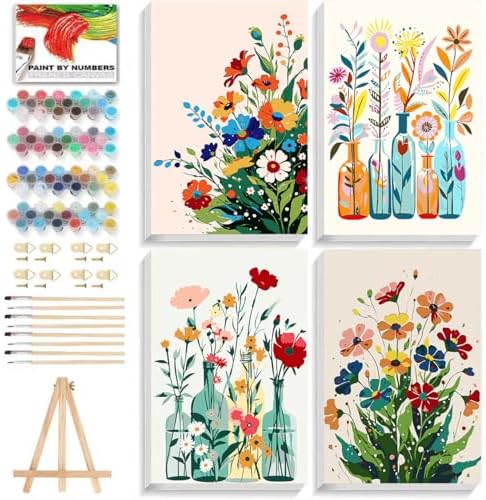 ICYANART 4 Paint by Numbers Kit for Adults Flowers, with Frame and Easel