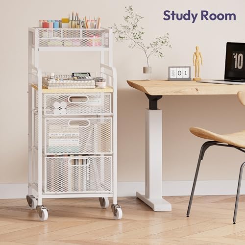 SWTYMIKI Rolling Cart with Drawers - Metal Craft Cart with Wheels, DIY Divider and Wood Shelf, Art Supply Organizer Craft Organizer and Storage, Utility Storage Cart for Home Office Studio, White
