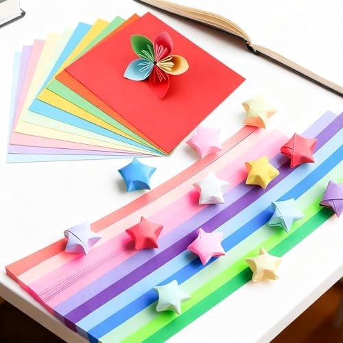 840 Pcs Origami Paper, Stars Colorful Strips Square Paper Double Sided Colored Paper Artistic Designing Gift (840)
