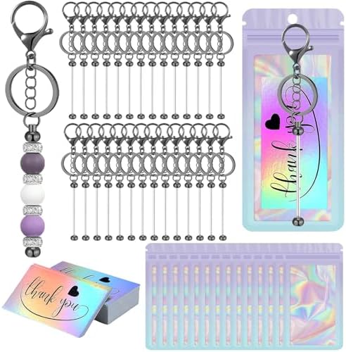 42/84/126 Pcs Beadable Keychain Bars Bulk Blank DIY Beaded Keychain Making Supplies with Bag Thank You Card