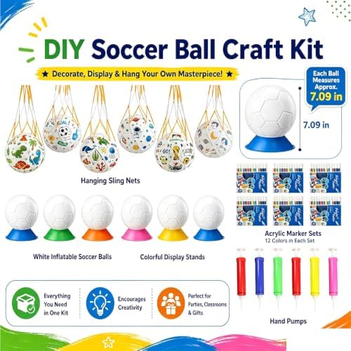 24 Set Paint Your Own Soccer Ball Kit, Blank White Inflatable Soccer Balls with Acrylic Markers, Pumps, Display Stands and Hanging Nets, DIY Soccer Ball Craft Set for Team Events and Party Activities