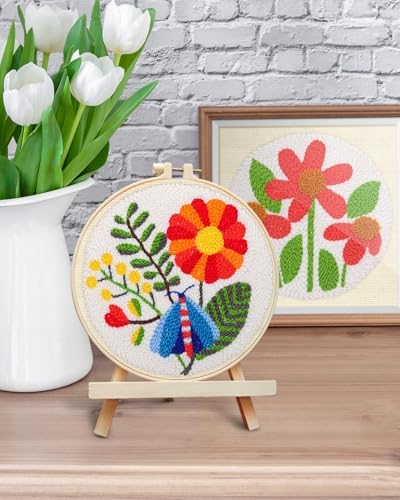 ERKOON Punch Needle Kit Adults Beginners, 2 Pcs DIY Easy Flower Embroidery Set for Starter Art Craft, Needling Punching Project with Patterns, Tools, Yarns, Hoop, Instruction (Safflower)