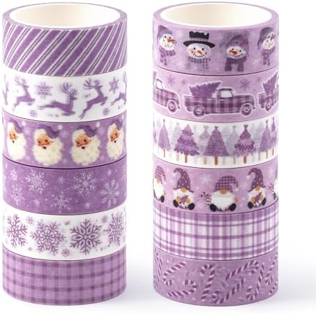 Purple Christmas Washi Tape - 12 Rolls Elegant Santa Reindeer Snowflake Watercolor Double Sided Scrapbook Masking Washi Tape School Office Adhesive Glue Scrapbooking Supplies Gift Wrapping