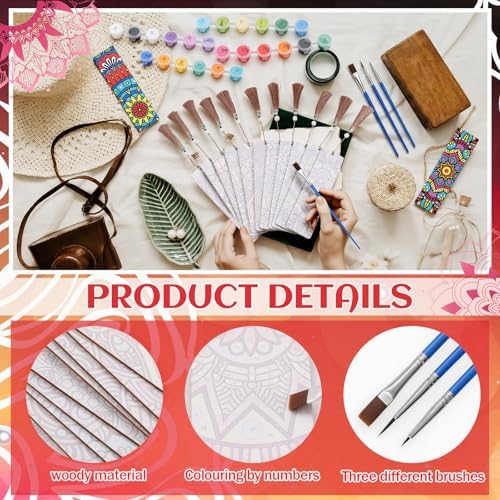 Kosiz 12 Pcs Mandala Paint by Number Kit for Adult Wood Bookmark | Mini Flower Paint by Numbers Kit, Painting Decor, Floral Tassels Blank Bookmarks, for Small DIY Craft Book Lovers Gift 7x2 ''