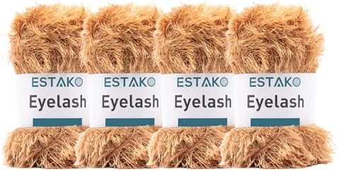Estako Eyelash Yarn, Soft Fuzzy Faux Fur for Crochet, Camel, 4-Pack