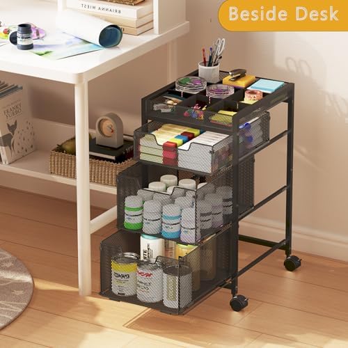 Rolling Utility Cart with 3 Drawers, Craft Organizer and Storage with DIY Divider, Lockable Wheels, Multi-Functional Storage for Art Supplies, Store for Brushes & Paints & Small Parts(Patent Pending)