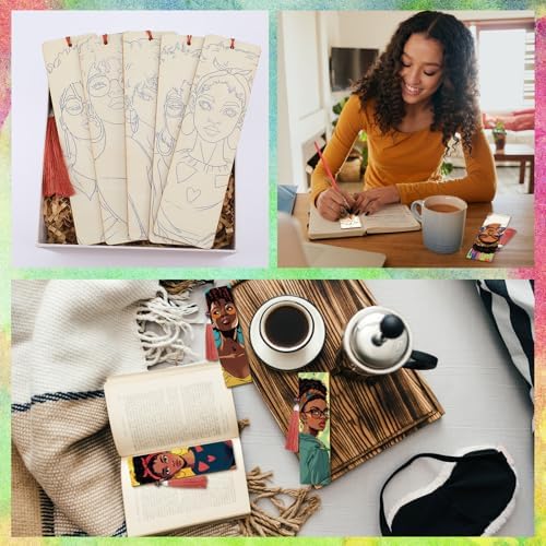 Kosiz 12 Pcs Black Women Paint by Number Kit for Adult Wood Bookmark | Mini Paint by Numbers Kit, Painting Decor, Tiny Tassels Blank Bookmarks, for Small DIY Craft Book Lovers Gift 7x2 ''