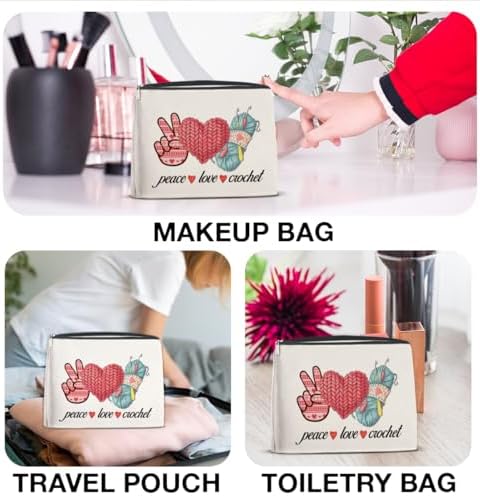 Peace Love Crochet Makeup Bag -Knitting Gift for Women Knitters Lovers,Lightweight Cosmetic Pouch