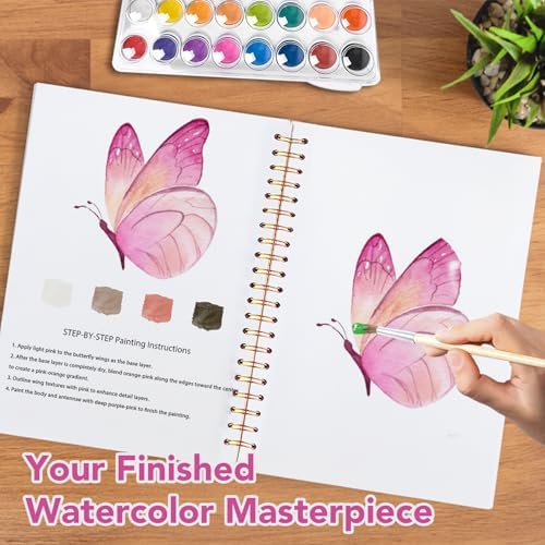 Easy Watercolor Workbook for Beginners - 12 Beautiful Step-by-Step Paintings Water Coloring Book, Includes 16 Colors Paints, Relaxing Art Projects and Creative Gift for Adults & Teen (Butterflies)