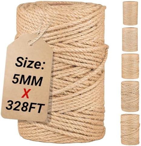 Natural Jute Twine String 5mm x 328ft Bulk Jute Rope for Crafting, Gardening, Gift Wrapping - Brown Decorative Cord for Cat Scratching Posts, DIY Projects