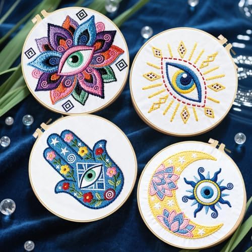 FREEBLOSS 4 Set Embroidery Kit Hamsa Pattern Stamped Embroidery Starter Kit with Step by Step Instructions, Colored Threads, 2 Hoops, Needlepoint Kits for Hand Craft Lovers Gift, 30cm/11.8inch