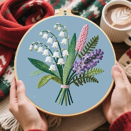 FREEBLOSS 4 Sets Embroidery Kit for Beginners Needlepoint Bouquet Stamped Embroidery Starter Kit with Instructions, Needles, Threads, 2 Hoops 11.6"/29.5CM