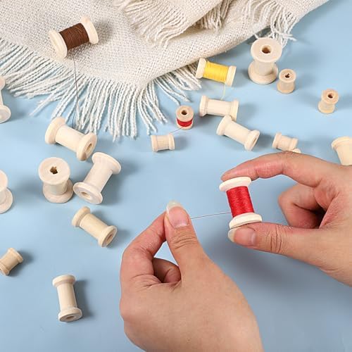 30 Pcs Wooden Spools, 3 Sizes Natural Wooden Spools for Crafts, Unfinished Empty Bobbins for Sewing Embroidery Machines, Wire Weaving, Thread Cord Ribbon Organizer, Arts Crafts DIY Textile Projects