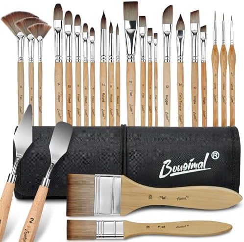 Bougimal 26pc Paint Brush & Palette Knife Set with Waterproof Roll Up Case