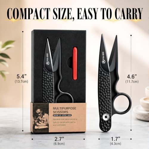 Premium Sewing Scissors, Sharp Precision Thread Snips with Stainless Steel Blades, Upgrade Small Craft Scissors with Black Hammered Handle for Embroidery, Quilting, Fabric, Leather & DIY Projects