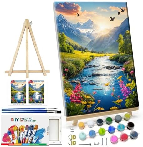 ATDMS Paint by Numbers Kit for Adults with Frame Landscape Paint by Number with Easel Mountain Easy Adult Paint by Number Kits Sunset Paint by Numbers Kit on Canvas for Gift Home Wall Decor 8x12 Inch