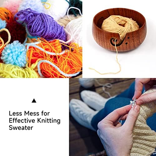 Wooden Yarn Bowl, 6" x 3" Knitting Tool with Holes, Handmade Rounded Edge for Crocheting, Storage Holder for DIY Sewing Supplies