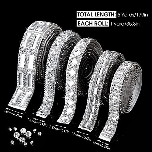 Xinnun 5 Rolls Rhinestone Ribbon,Silver,0.59 Inch,Mixed Style