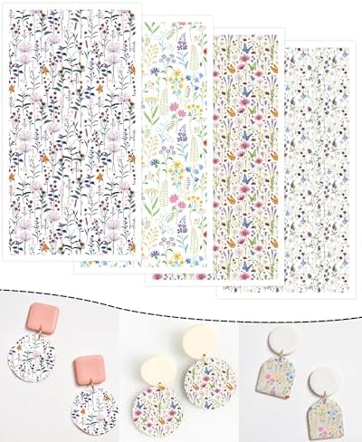 Puocaon Wildflower Clay Transfer Paper - 4 Design Flower Polymer Clay Transfer Sheets for Earrings Jewelry, Lavender Floral Transfer Paper for Polymer Clay Earrings
