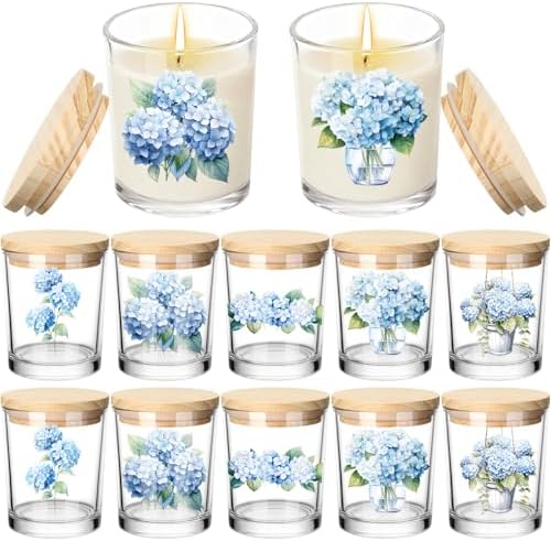 Ziliny 10 Pcs Christmas Hydrangea Glass Candle Jars Empty Containers Bulk 7 oz Glass Jars with Cork Lids Tins for Holiday Candle Making Storing Biscuits Tea Party Favors