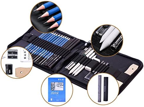 H & B 33 Pieces Drawing Pencils Set, Sketching Pencils Set & Drawing Kit, Includes Sketch Pad, Graphite Pencils, Charcoal Sticks and Eraser, Supplies for Artists/Beginner/Adults